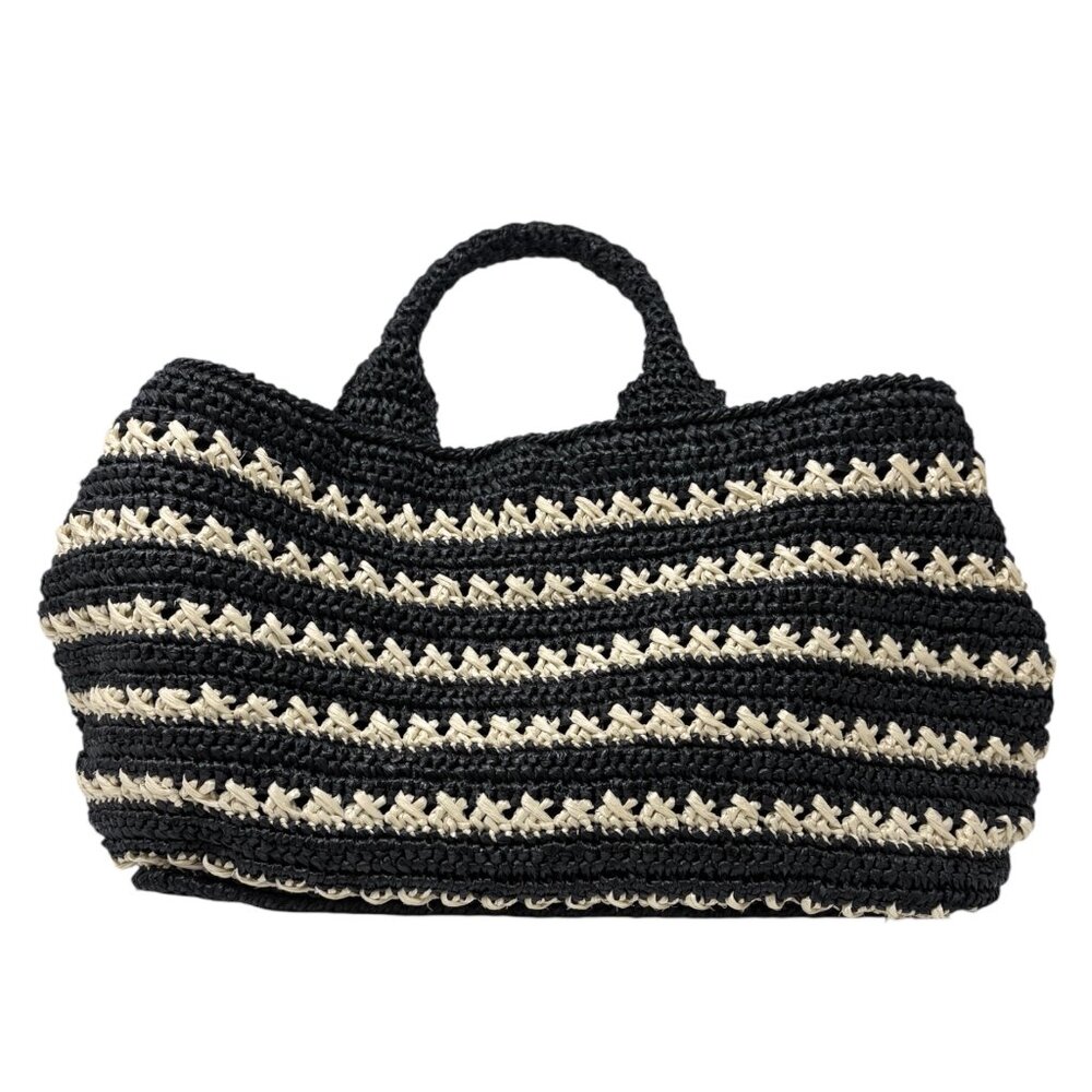 PRADA Vintage Triangle Logo Canapa Tote Bag Handbag Black Beige Raffia [106401] - Picture 6 of 15